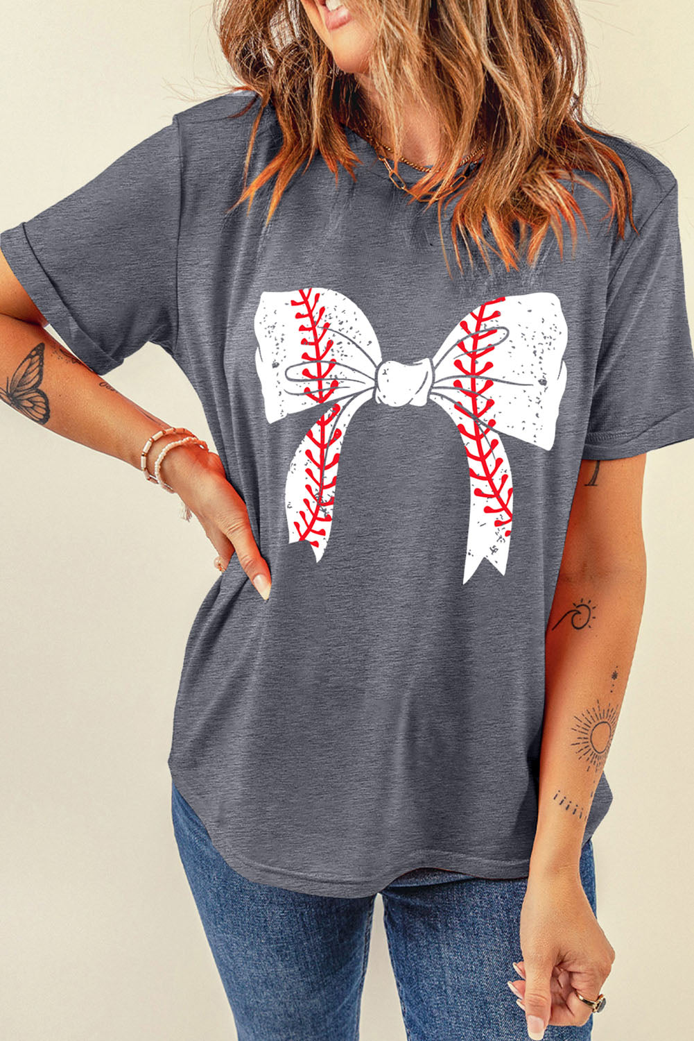 Gray Casual Baseball Bowknot Graphic Roll Up Sleeve Tee