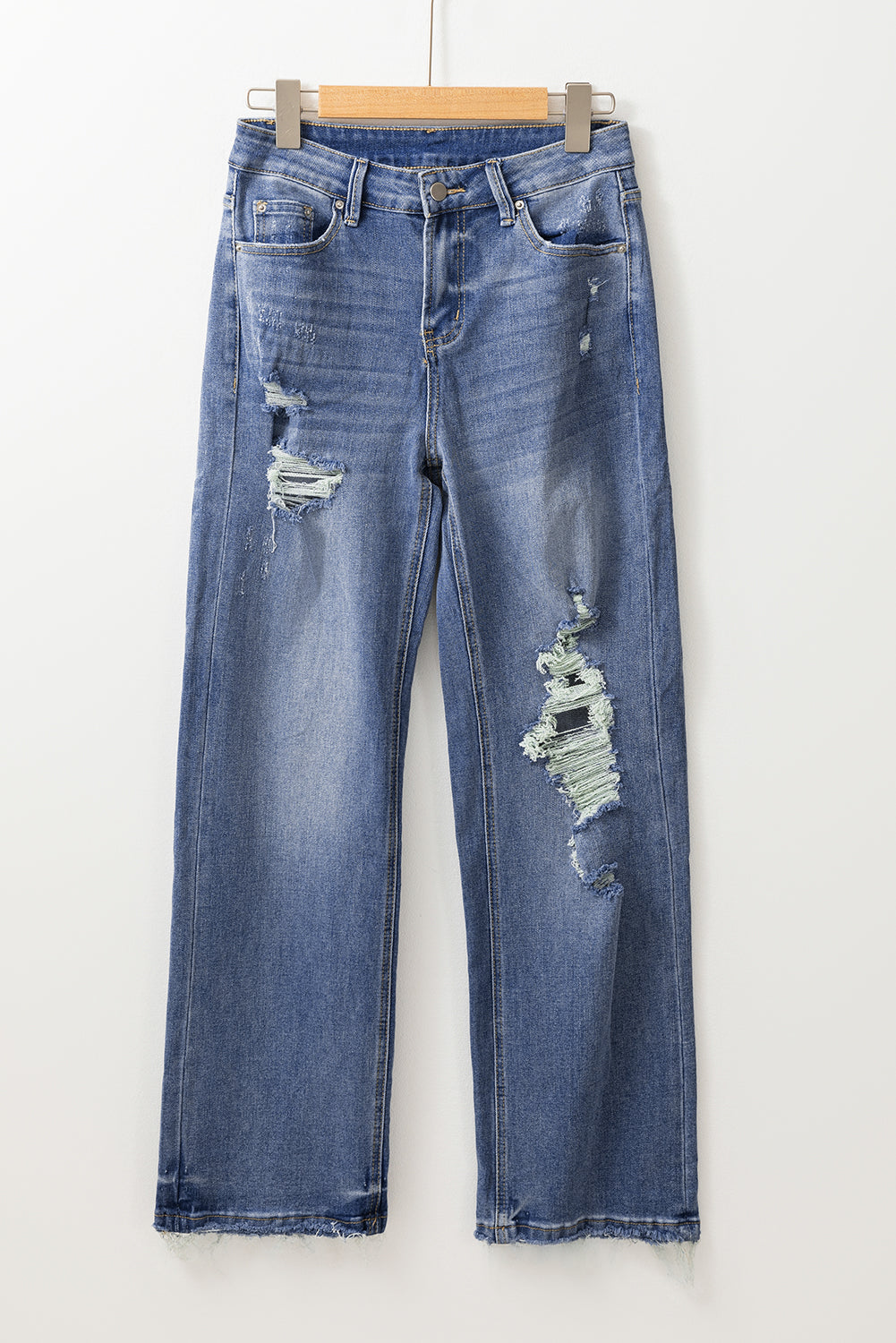 Blue Distressed Straight Leg High Waist Jeans