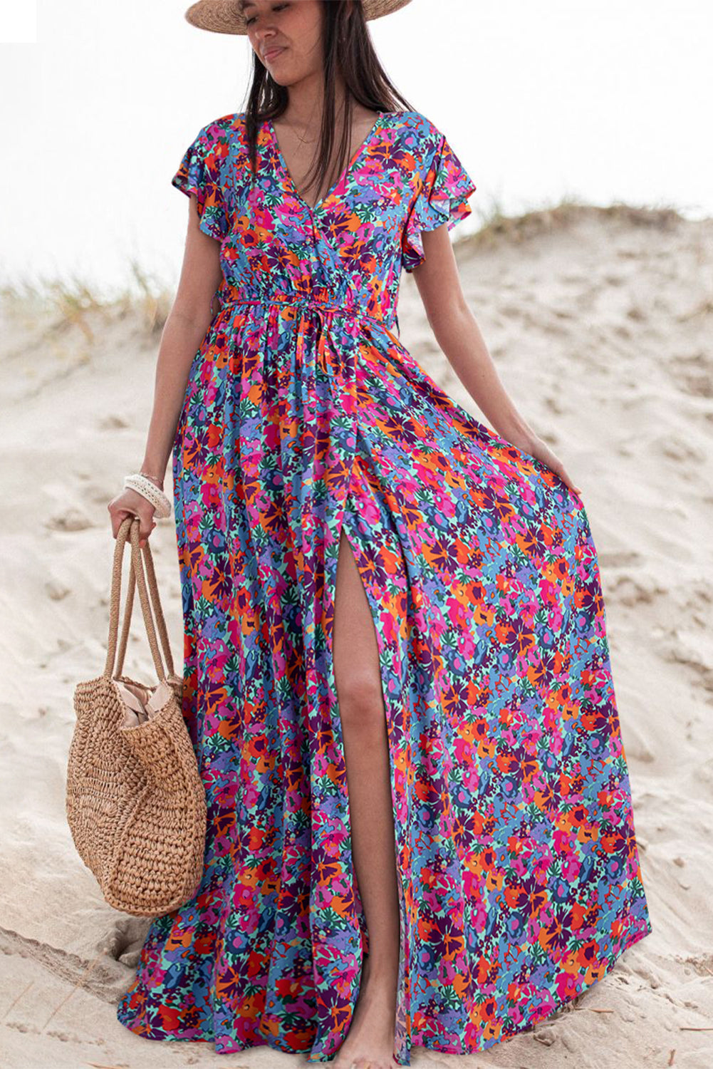 Blue Floral Print Maxi Dress