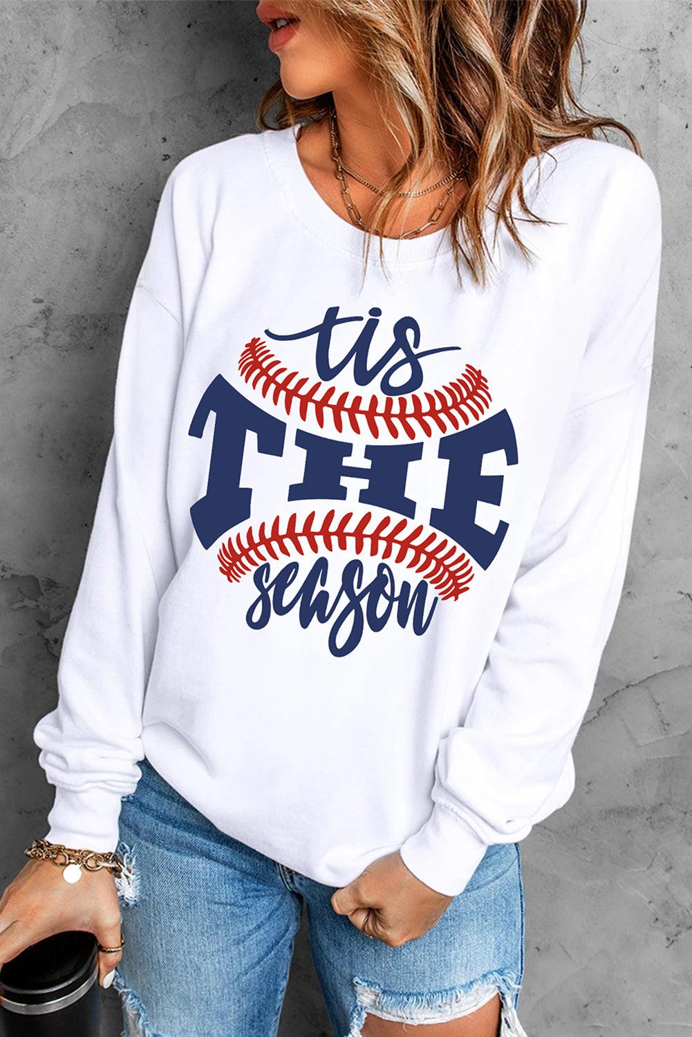 White Casual Baseball Graphic Sweatshirt