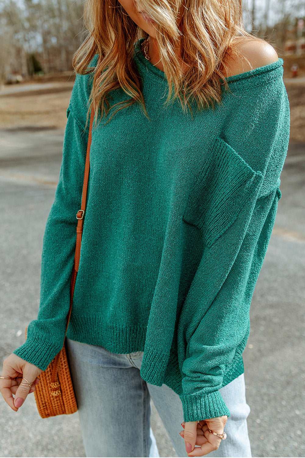 Green Off Shoulder Rib Knit Sweater