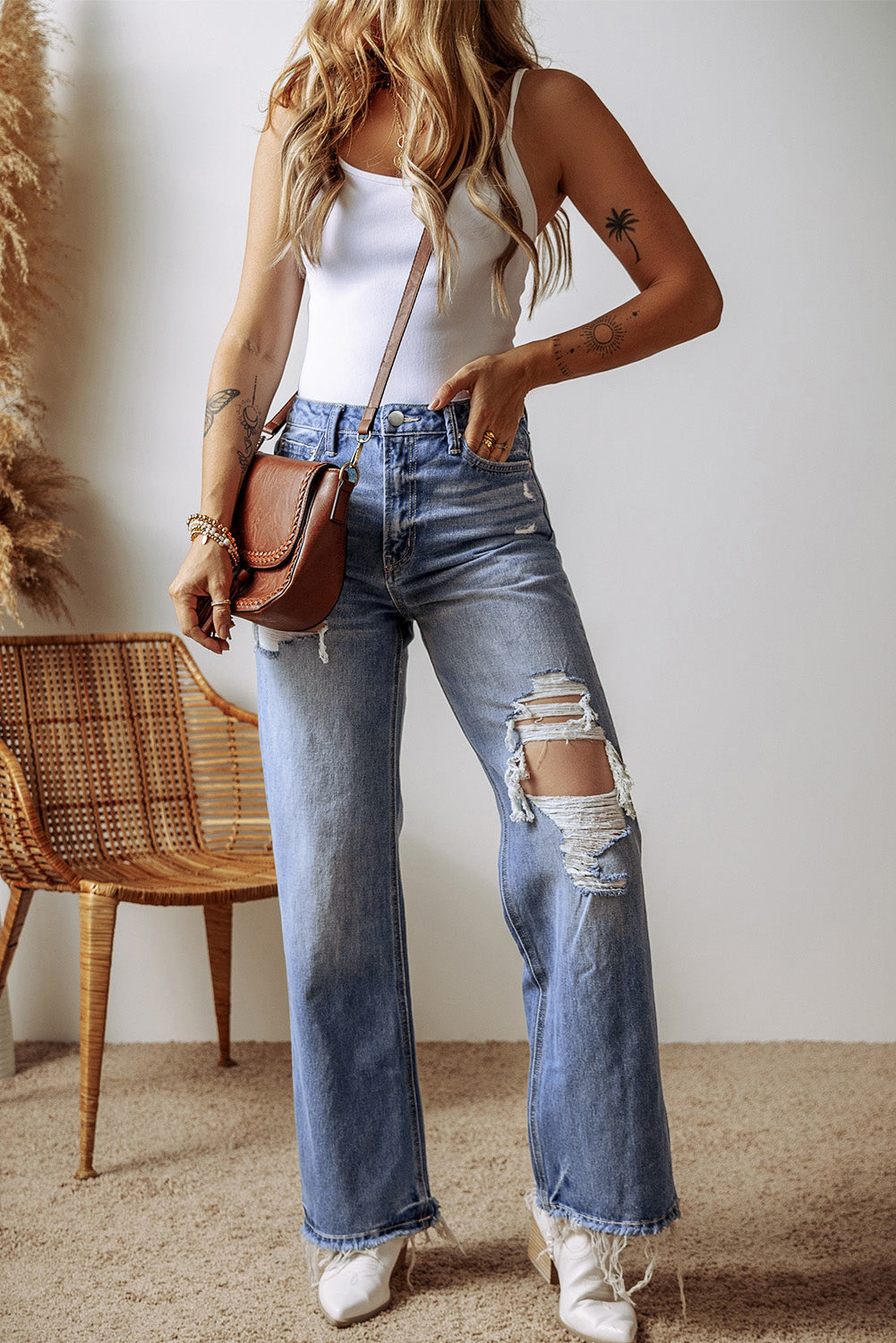 Blue Distressed Straight Leg High Waist Jeans