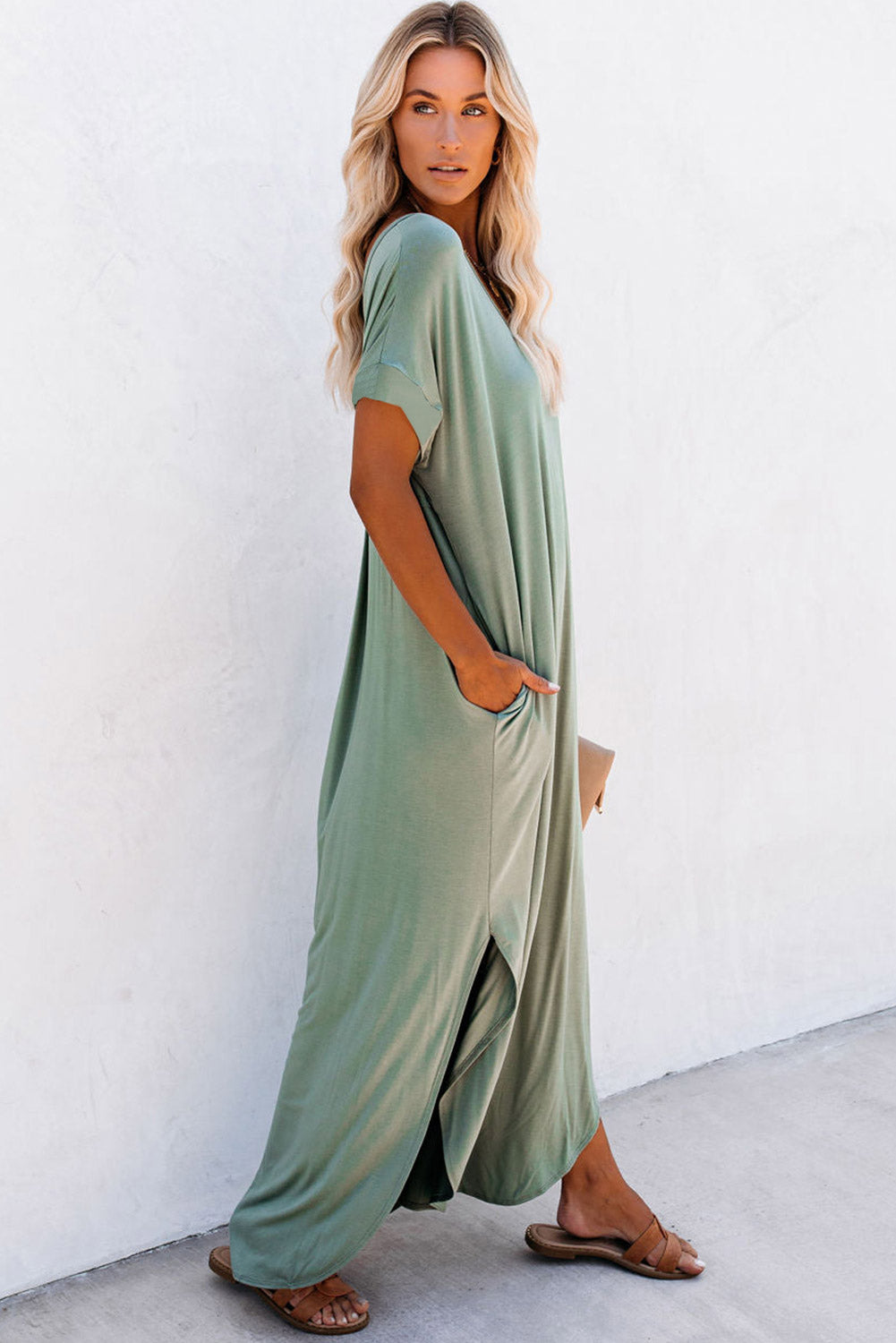 Grass Green V Neck Maxi T-shirt Dress