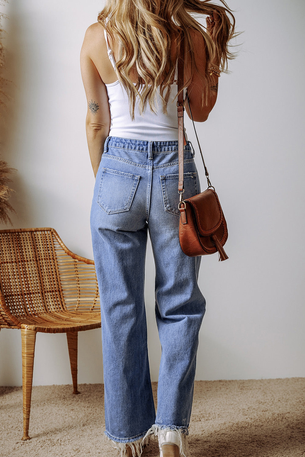 Blue Distressed Straight Leg High Waist Jeans