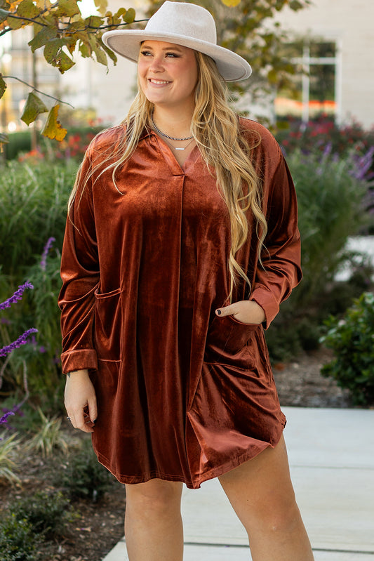 Coffee Plus Size V Neck Velvet Dress