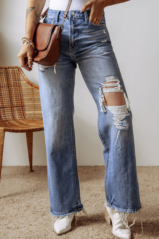 Blue Distressed Straight Leg High Waist Jeans