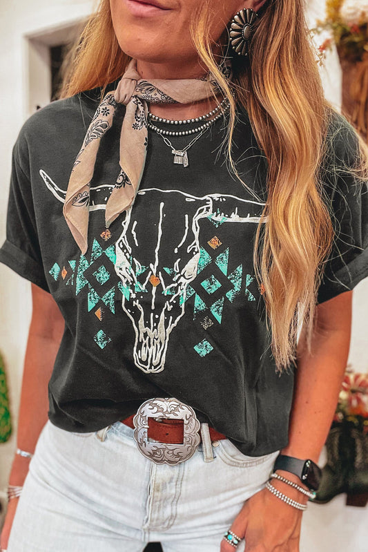 Vintage Western Bull Head Skull Turquoise Aztec Graphic T Shirt