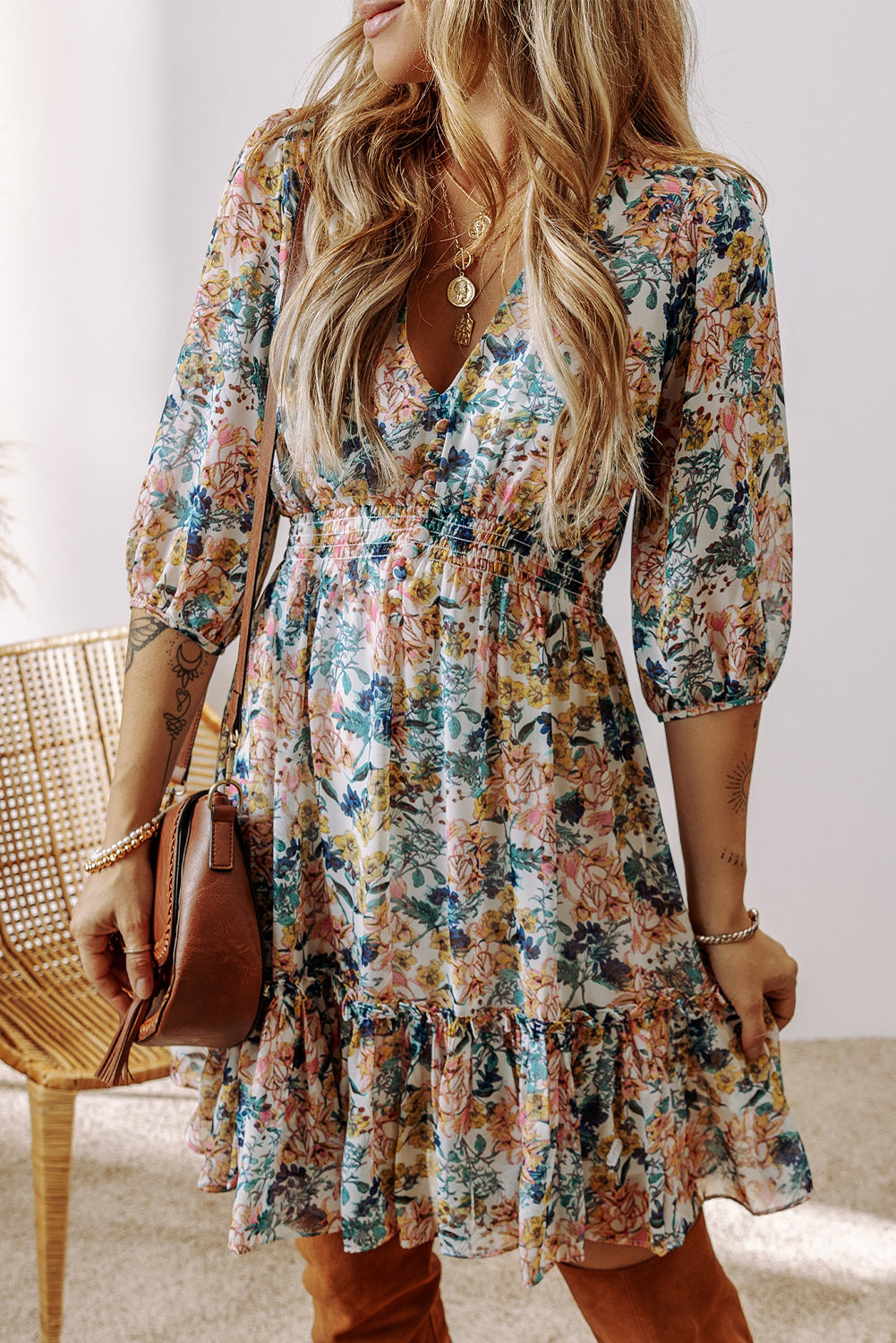 Sky Blue Floral Ruffled Dress