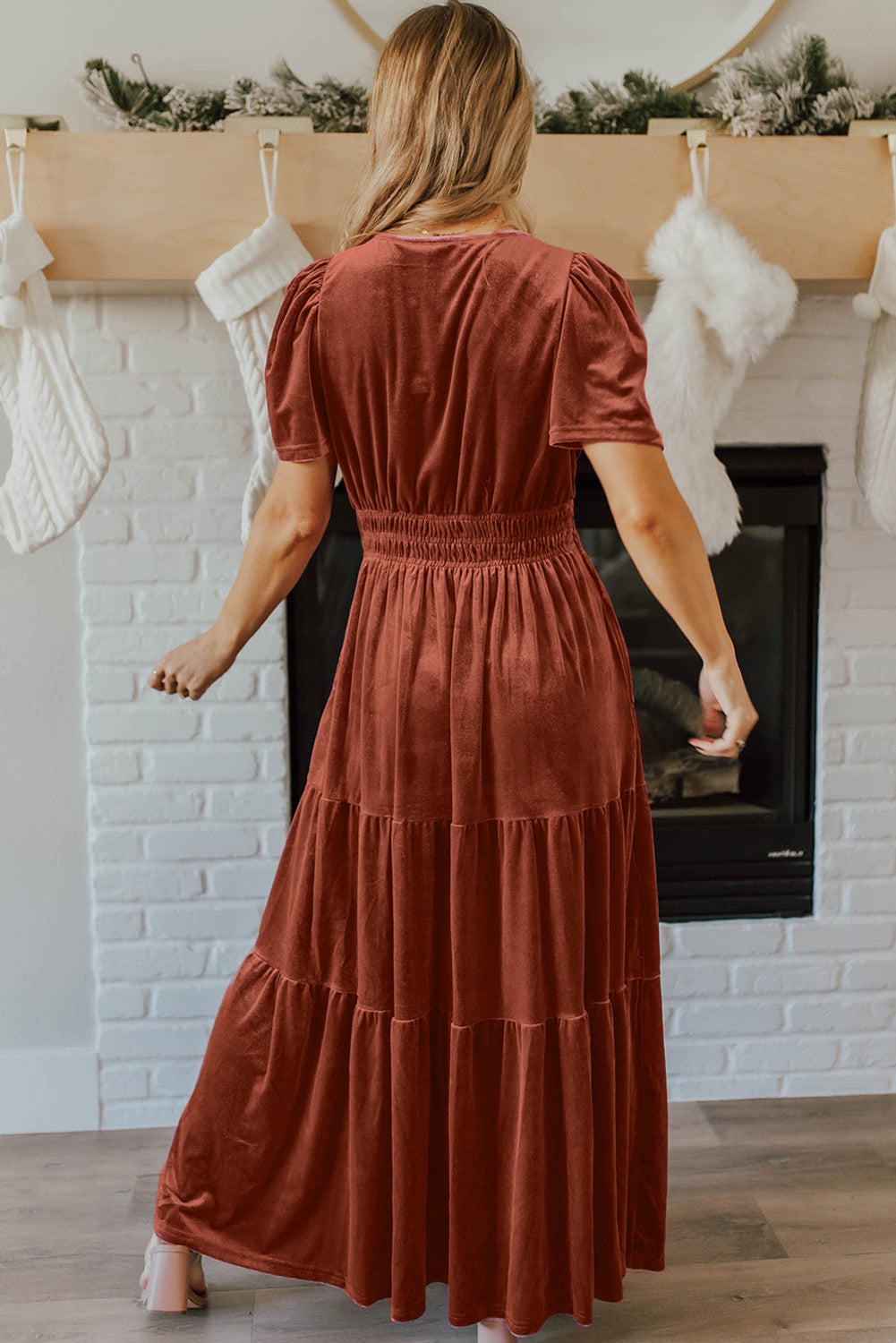 Chestnut Velvet Short Sleeve Maxi Dress