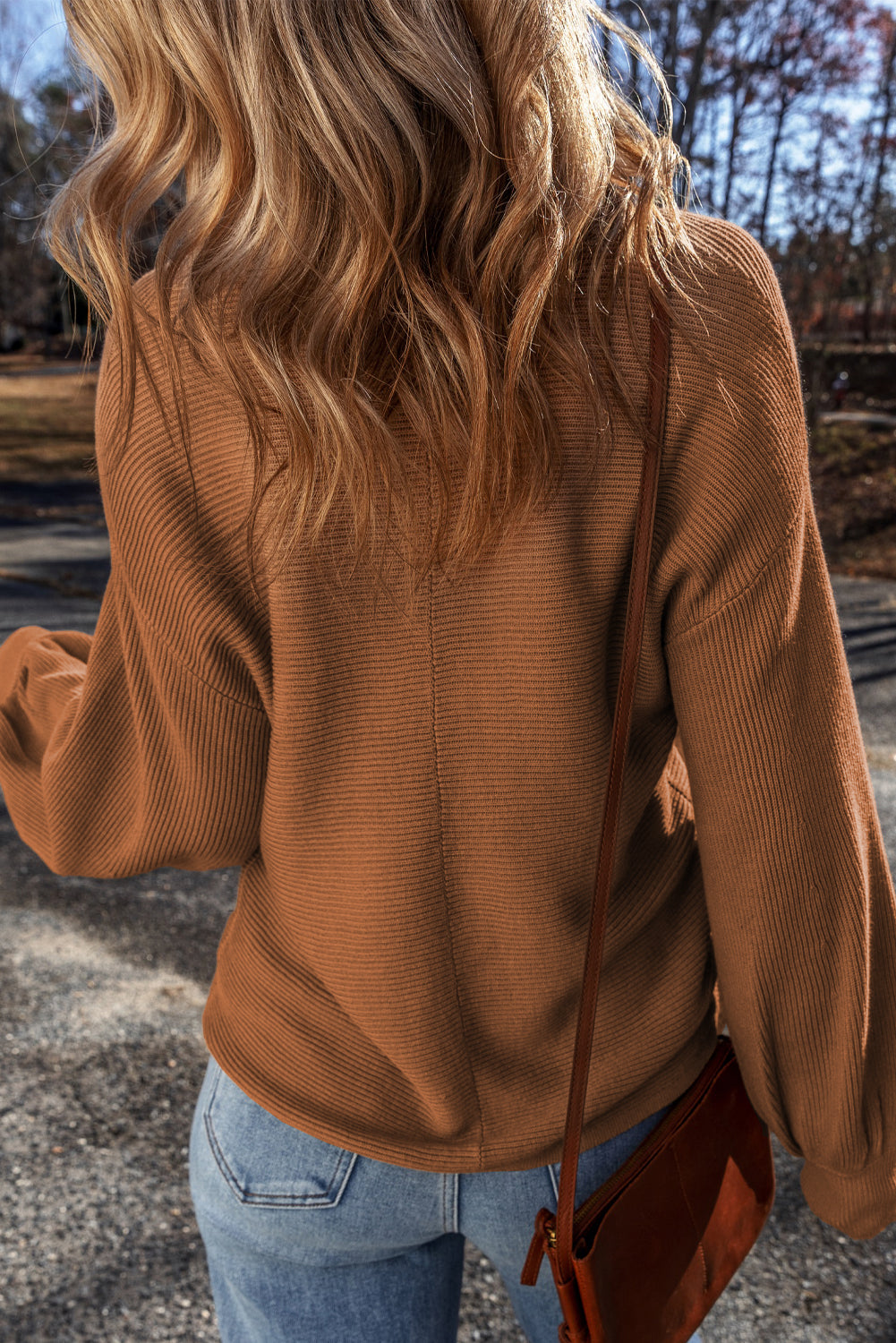 Camel Ribbed Knit Loose Fit Sweater