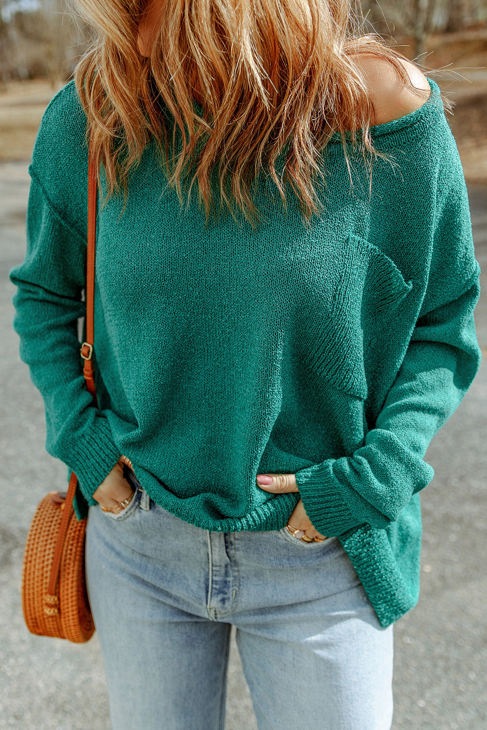 Green Off Shoulder Rib Knit Sweater