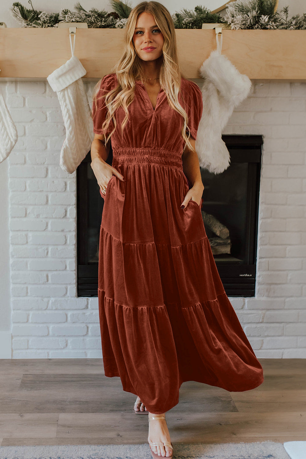 Chestnut Velvet Short Sleeve Maxi Dress