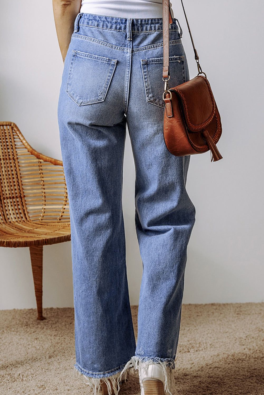 Blue Distressed Straight Leg High Waist Jeans