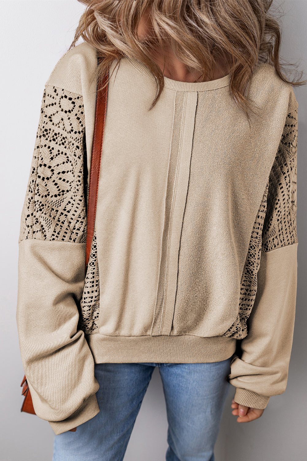 Knit Crochet Ribbed Trim Sweatshirt