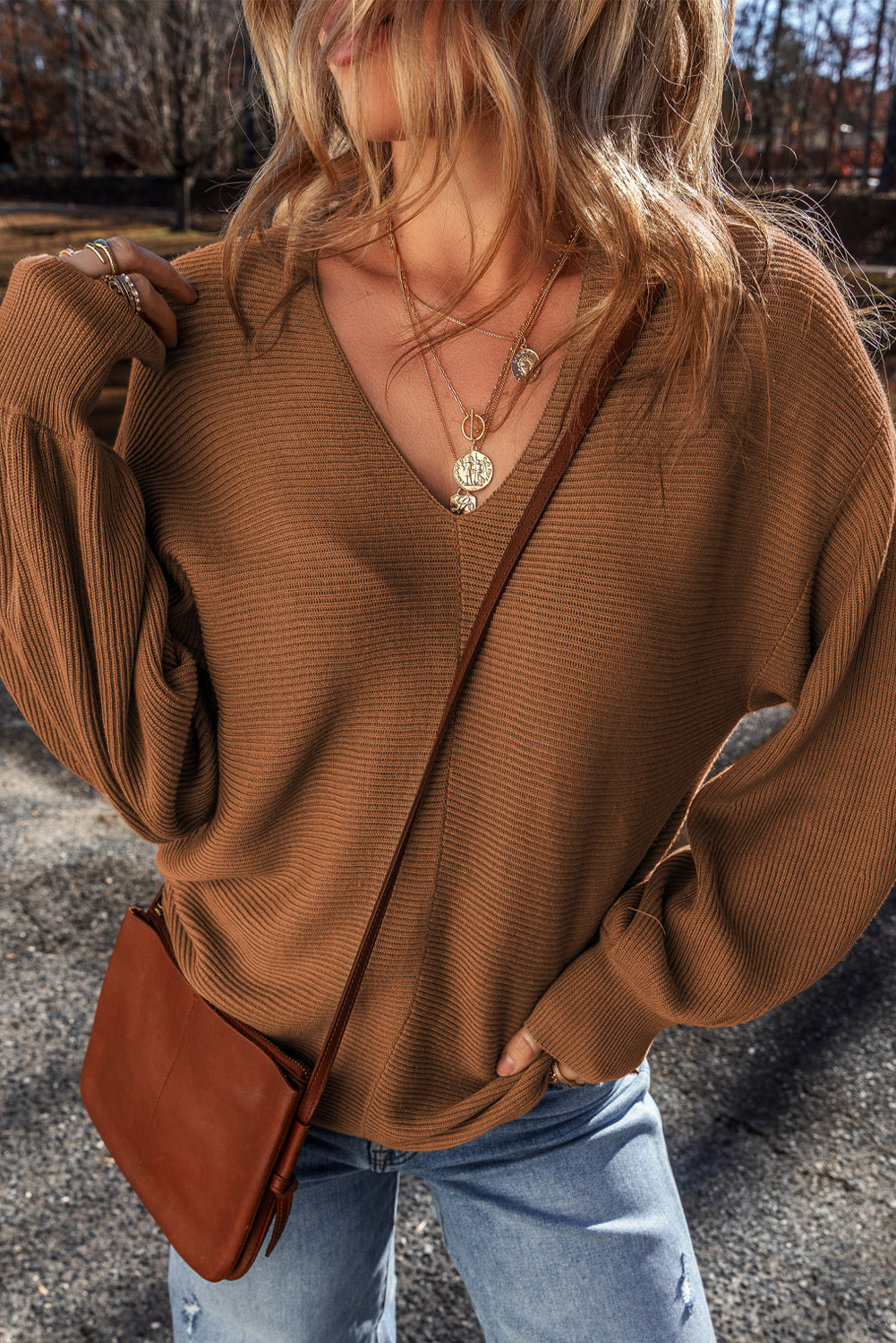 Camel Ribbed Knit Loose Fit Sweater