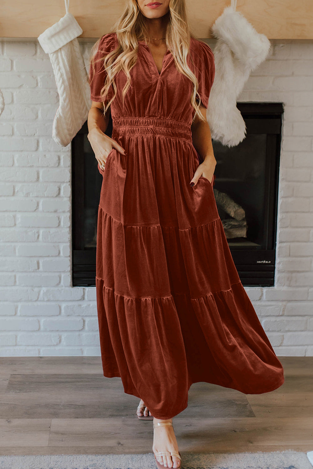 Chestnut Velvet Short Sleeve Maxi Dress