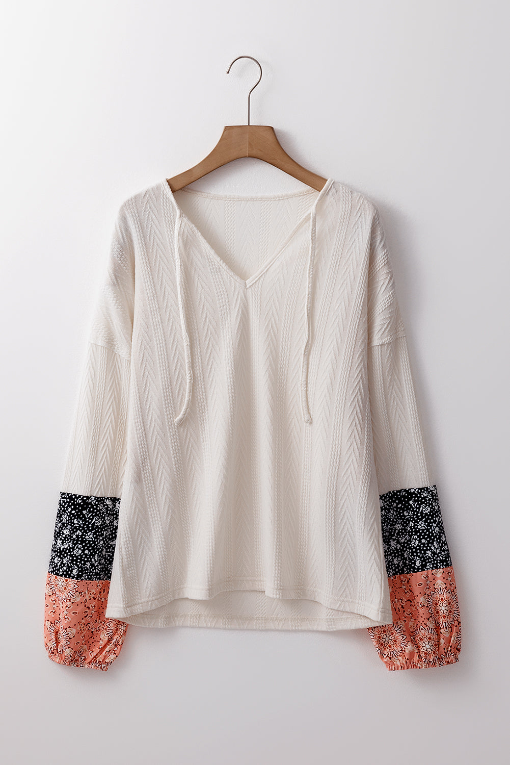 Beige Floral Knit Drawstring V Neck Blouse