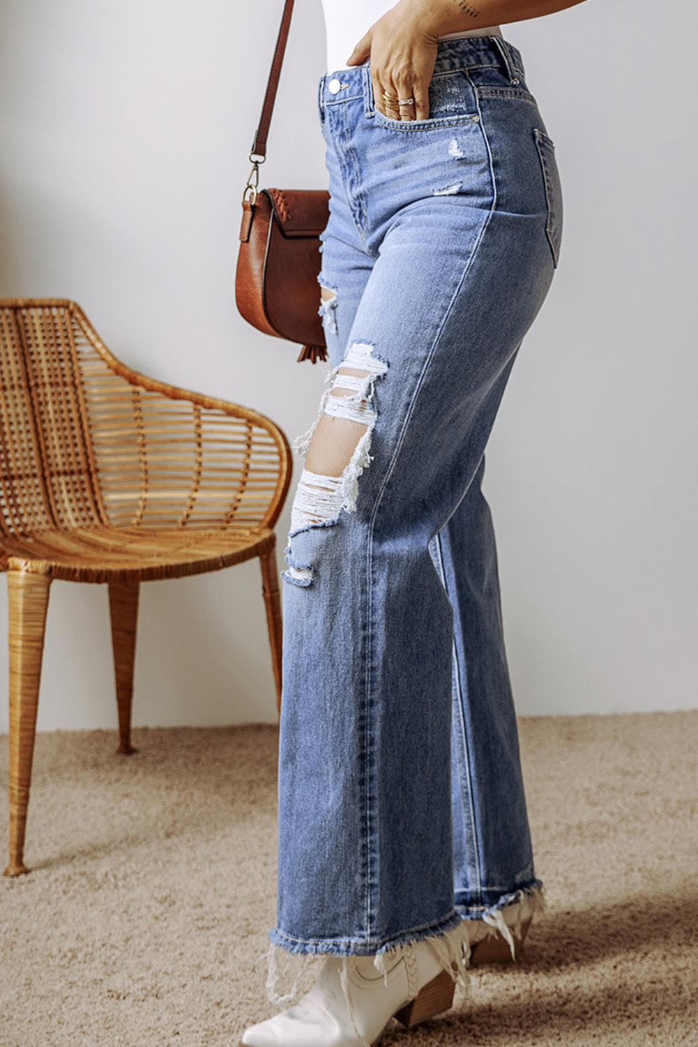 Blue Distressed Straight Leg High Waist Jeans