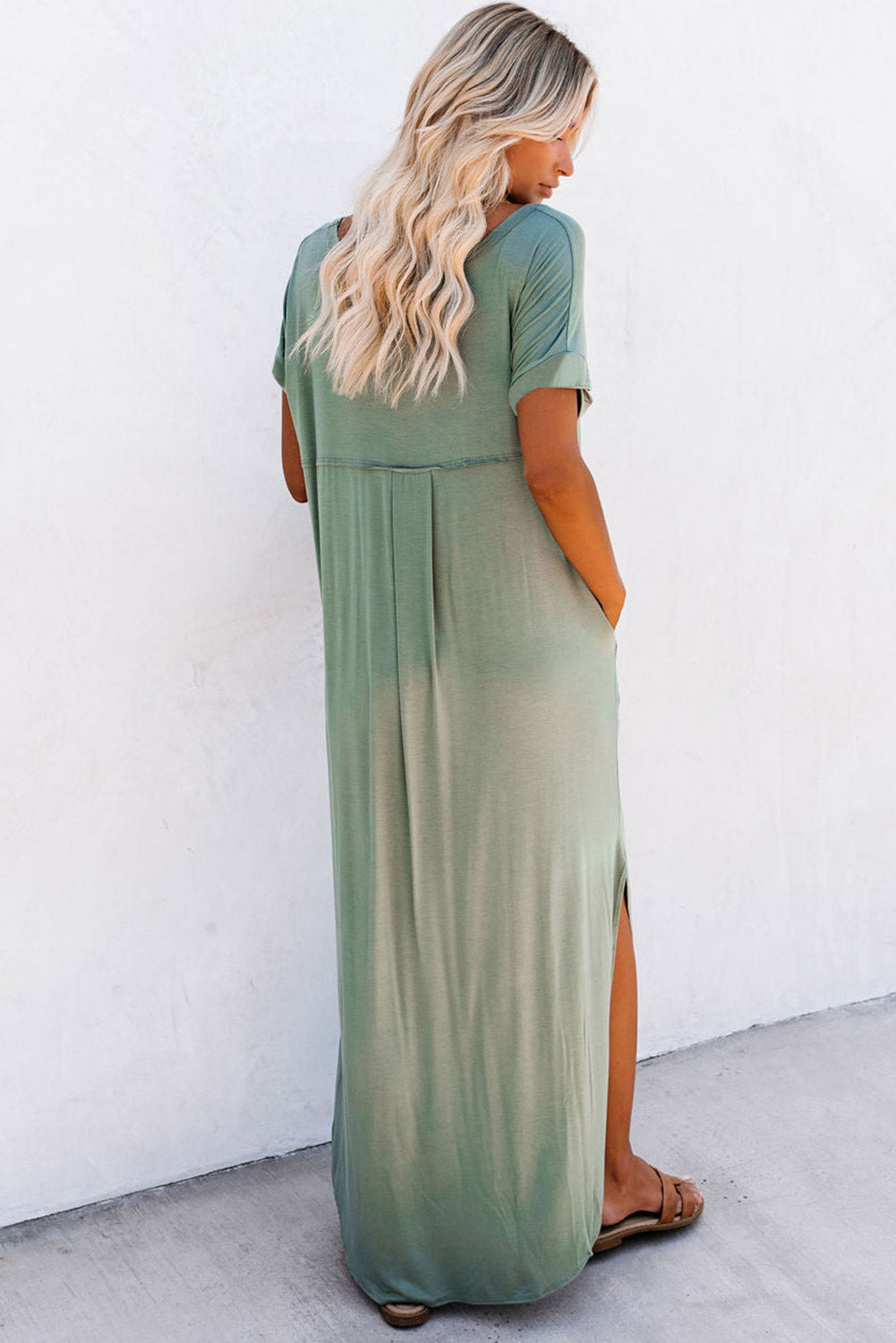 Grass Green V Neck Maxi T-shirt Dress