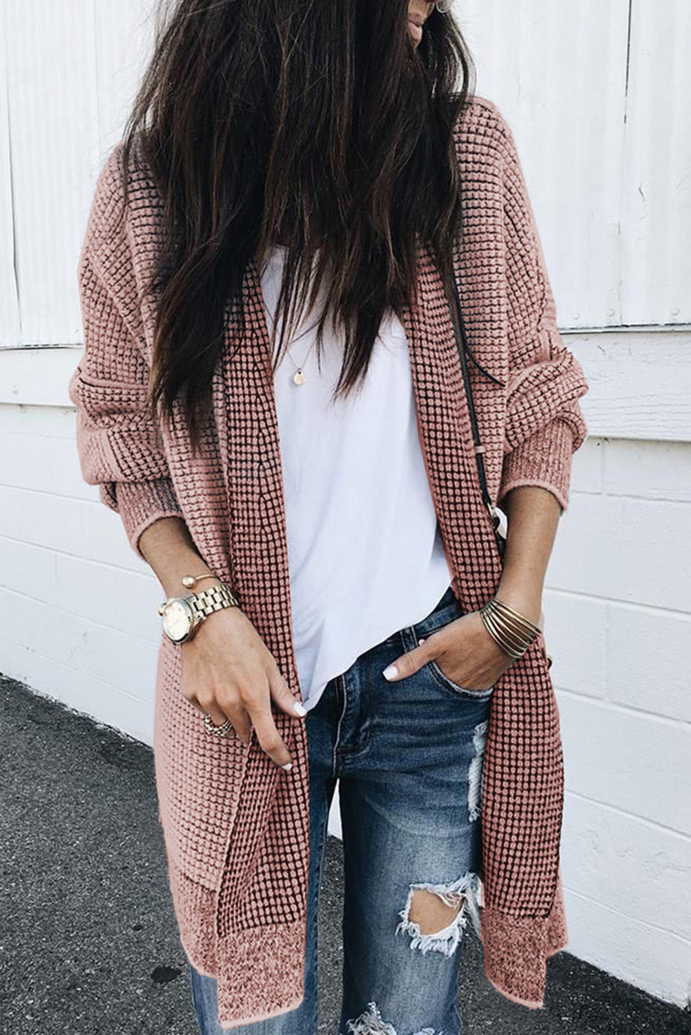 Pink Plaid Knitted Cardigan