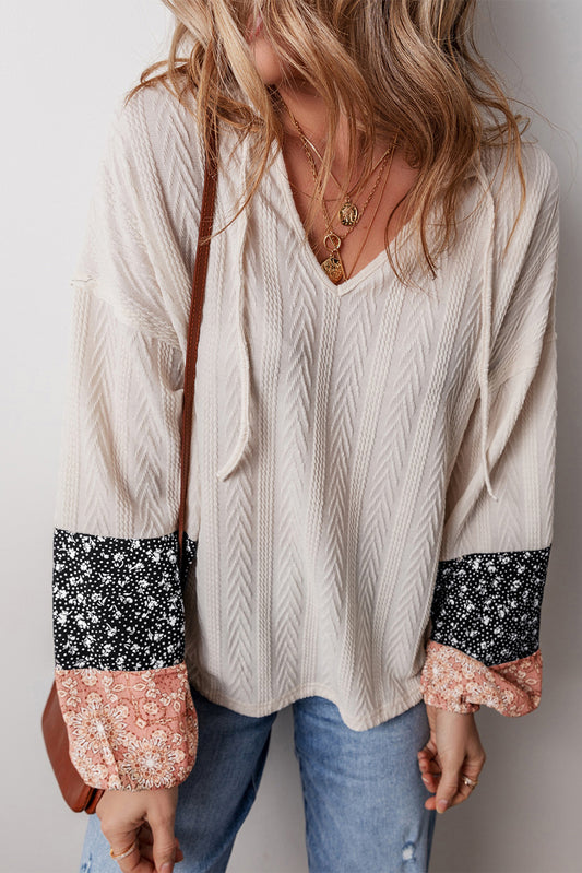 Beige Floral Knit Drawstring V Neck Blouse