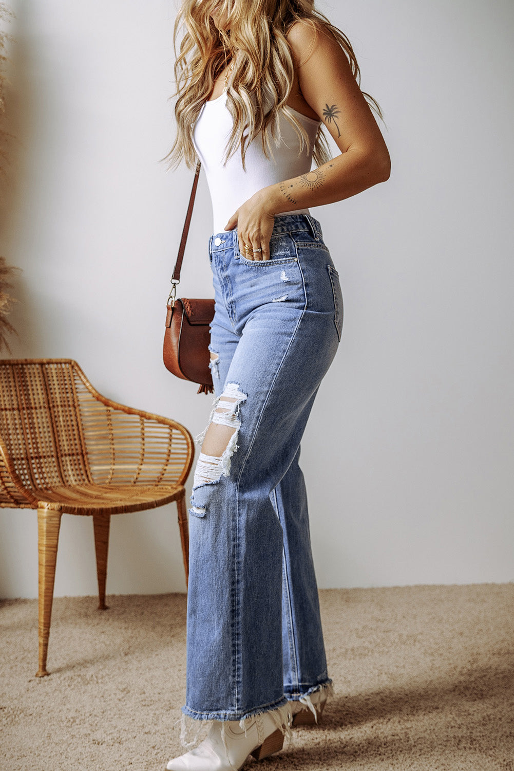 Blue Distressed Straight Leg High Waist Jeans