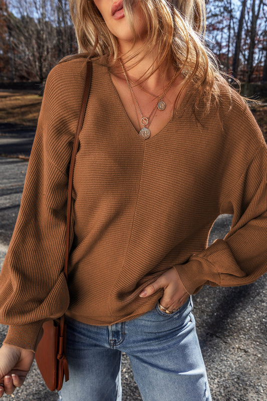 Camel Ribbed Knit Loose Fit Sweater