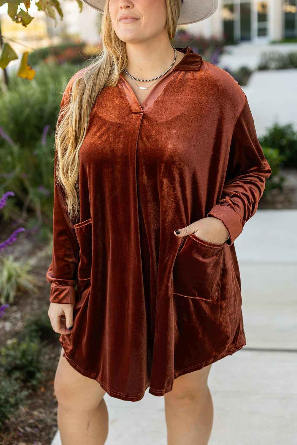 Coffee Plus Size V Neck Velvet Dress