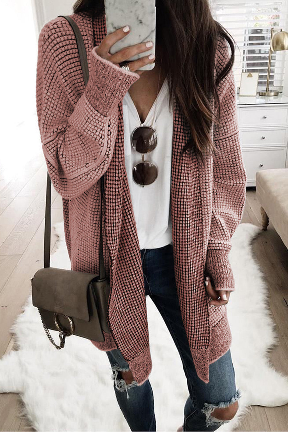 Pink Plaid Knitted Cardigan